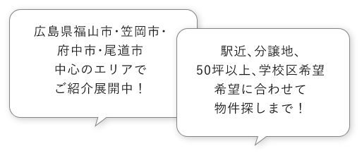 広島県福山市･笠岡市･府中市･尾道市中心のエリアでご紹介展開中！ 駅近､分譲地､50坪以上､学校区希望希望に合わせて物件探しまで！