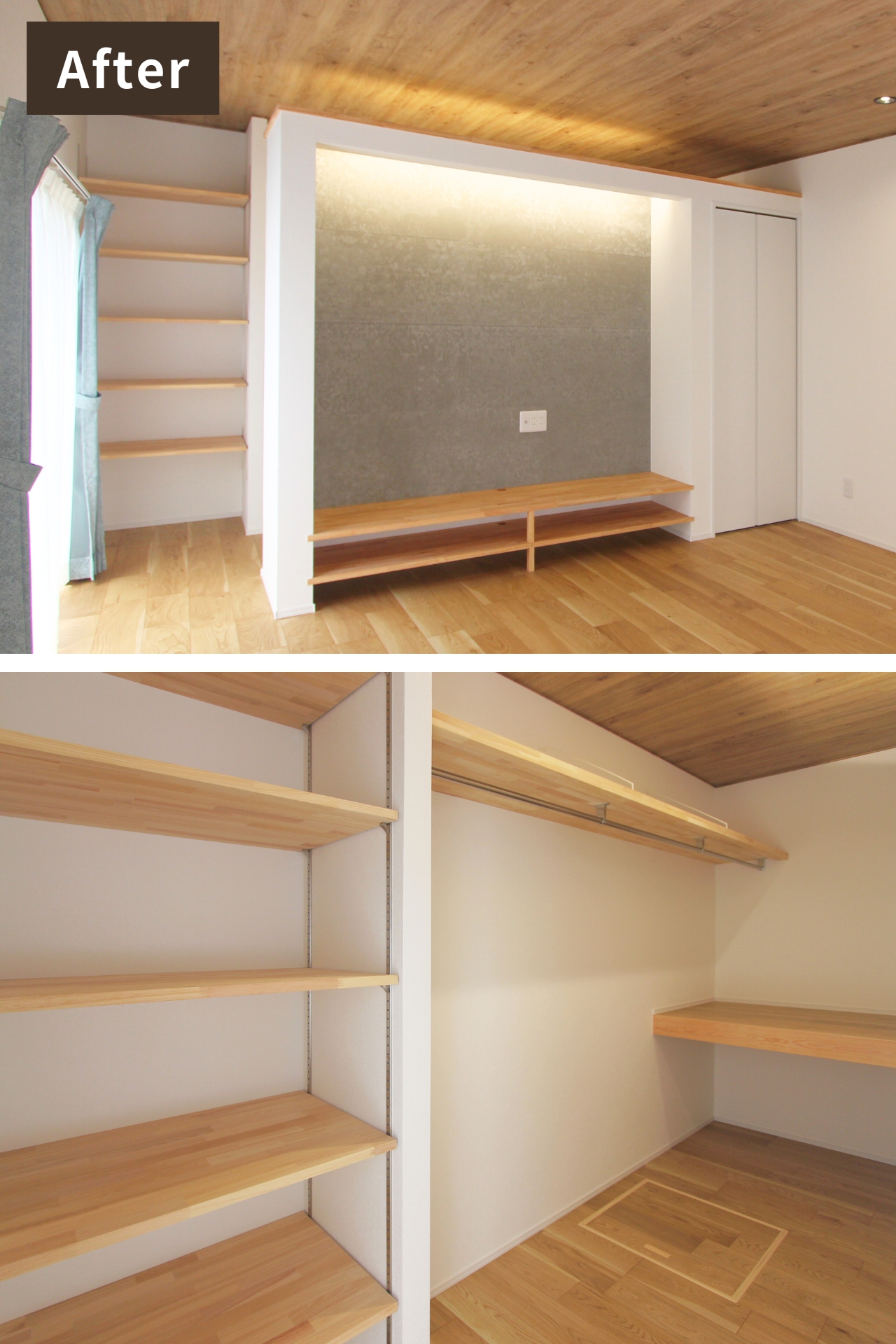 生まれ変わったリビングがある家のTV board /  walk-in closet